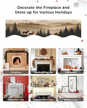 Mantel Scarf 60x17 Inch,Natural Forest Mountain Tree Deer Fireplace Top Table Runner Dresser Scarves Animal Plant Foggy Landscape Mantel Scarves Cover for Home Holiday Party Decoration