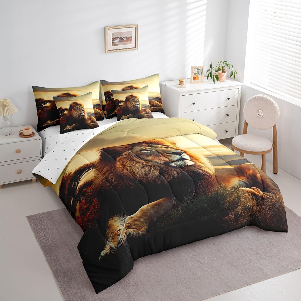 Erosebridal Lion Queen Comforter Set 7 Piece 3D Lion Bedding Set for Kids Adults Men Wildlife Bed in A Bag Grassland Animal Reversible Bedding Comforter Sets Lightweight for All Season