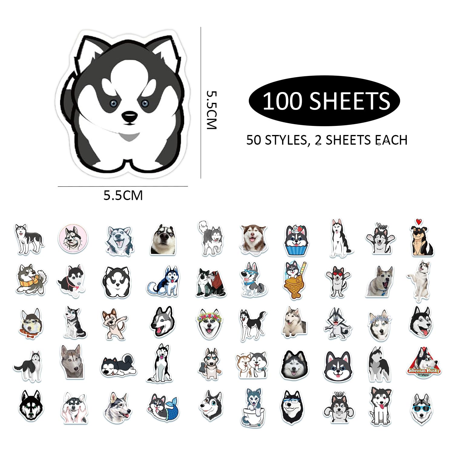 SLEEKEE 100 vellen cartoon-Husky stickers, schattige