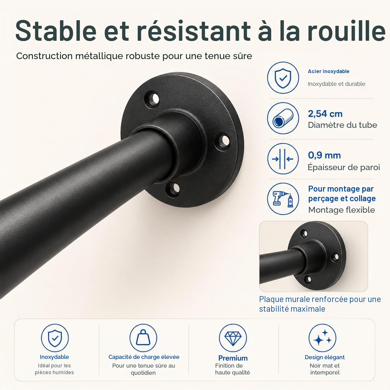 Tringle à Rideau De Douche En U/L, Tringle à Rideau De Douche d'angle rétractable Noire. 75 × (150-190) × 75 cm. Convient Pour Les Salles De Bains, Les Vestiaires Et Les Magasins De Vêtements.