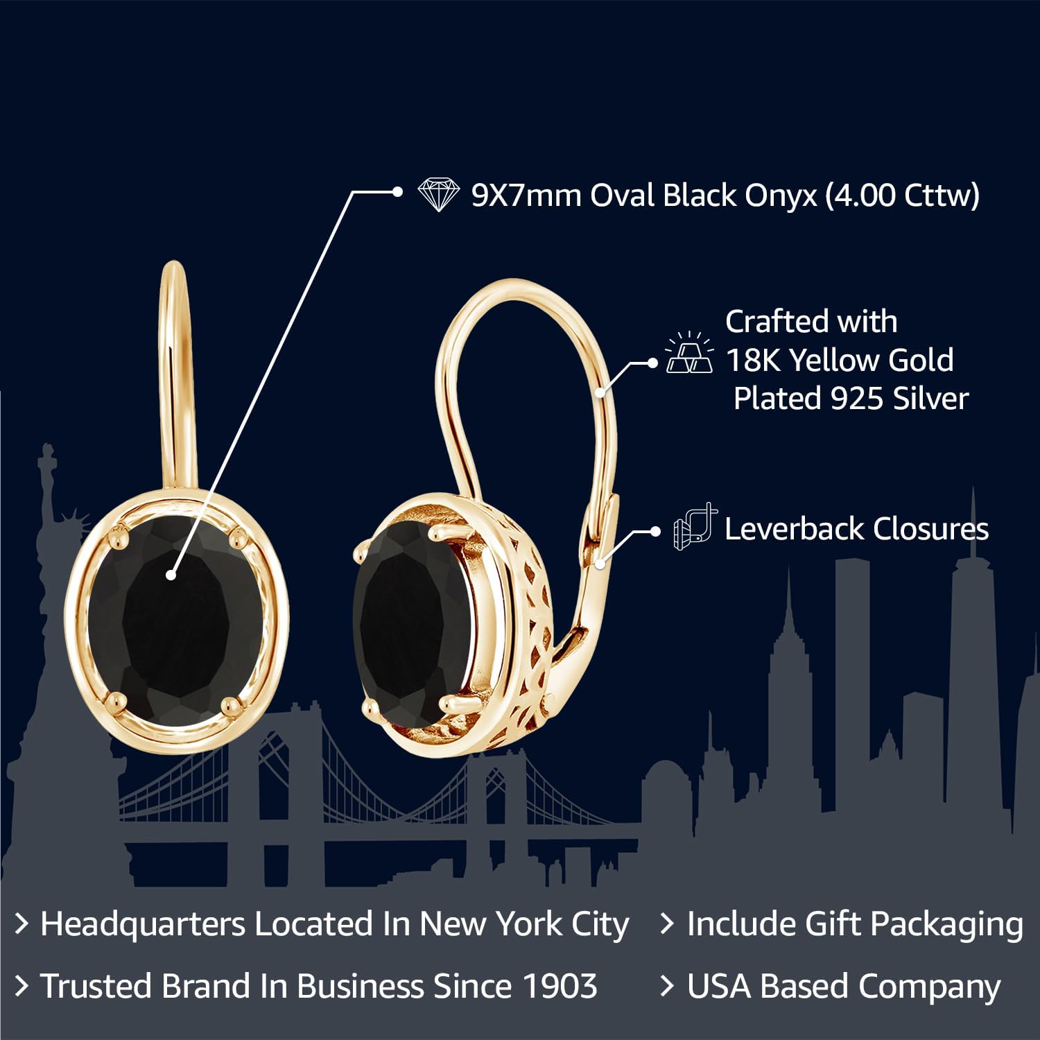 Gem Stone King 4.00 Cttw Black Onyx Dangle Earrings For Women In 18K Yellow Gold Plated Silver | Gemstone Birthstone | Oval 9X7MM - Image 2