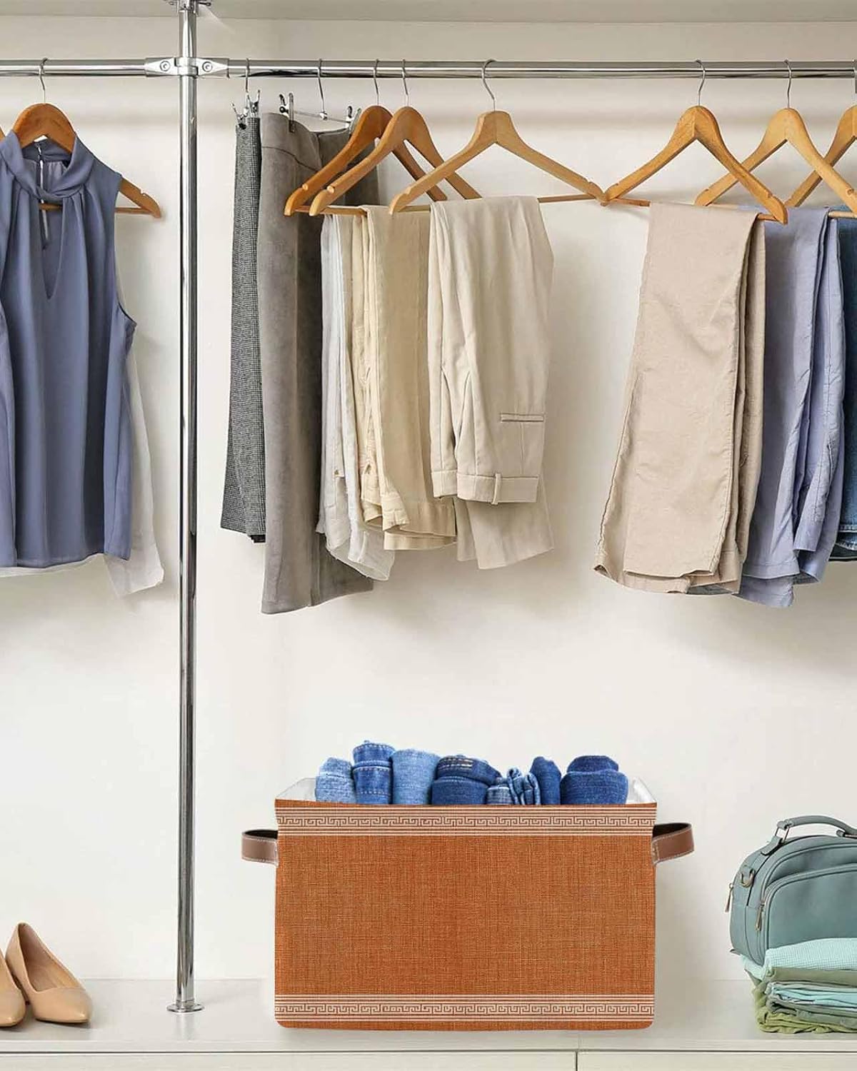 Warm Orange Retro Greek Key Storage Bins Cubes Waterproof Cloth Storage Basket,Geometric Greece Ancient Farmhouse Storage Bags for Shelf Clothes Storage Organizers with Handles 15x11x9.5 in 2PCS