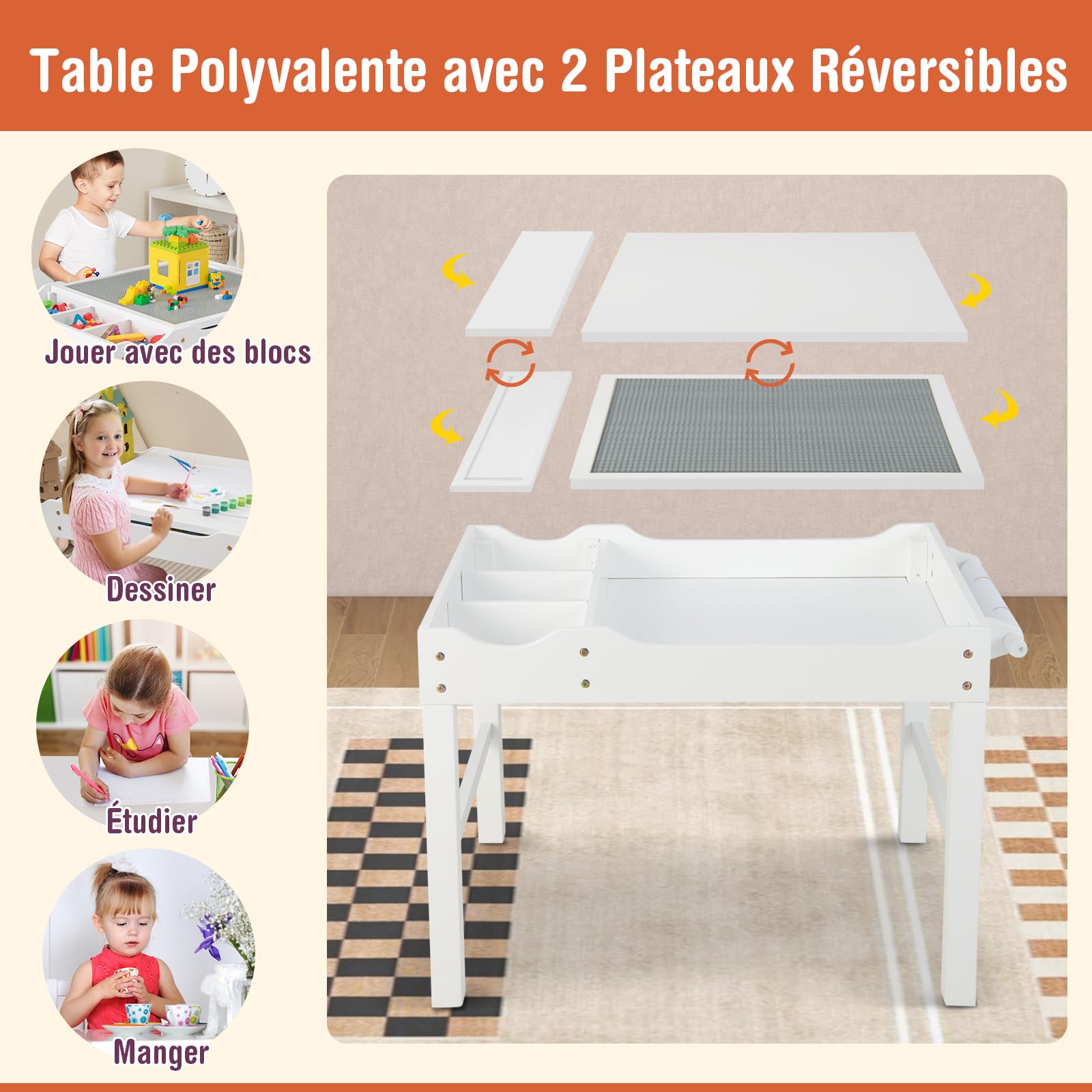 COSTWAY 2 en 1 Table de Blocs de Construction Enfants avec Plateau Réversible, Table Multi-activités en Bois avec Rouleau de Papier, Espace de Rangement, Bureau pour Lire Dessiner Jouer, 3 Ans+