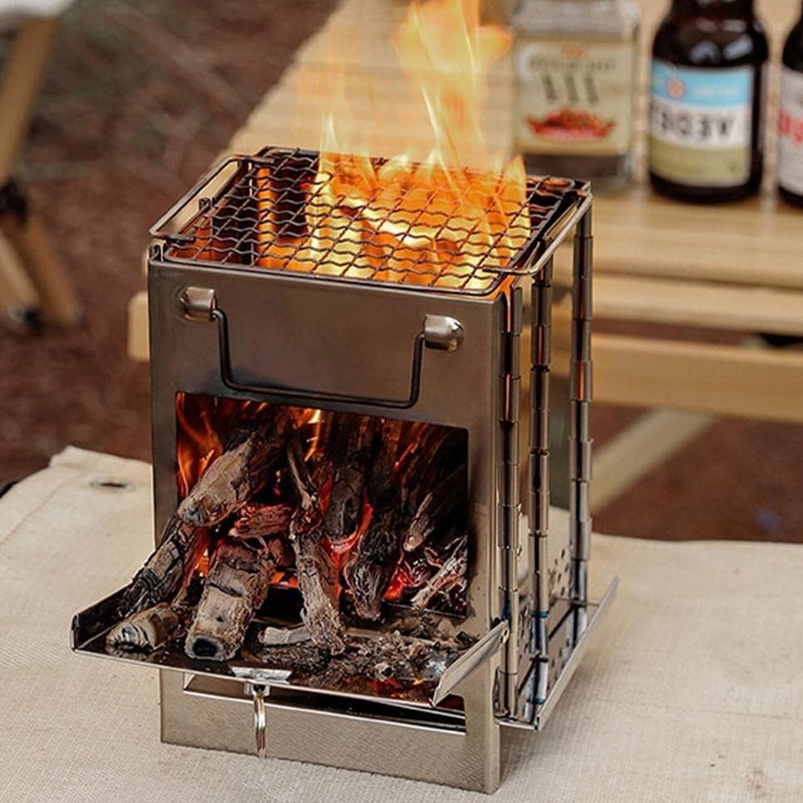Tragbarer Holzofen zum Heizen und Kochen im Zelt, zusammenklappbarer Edelstahlofen für den Außenbereich mit Tragetasche, abnehmbaren Beinen, zum Wandern, Rucksackreisen, Survival, Bushcraft