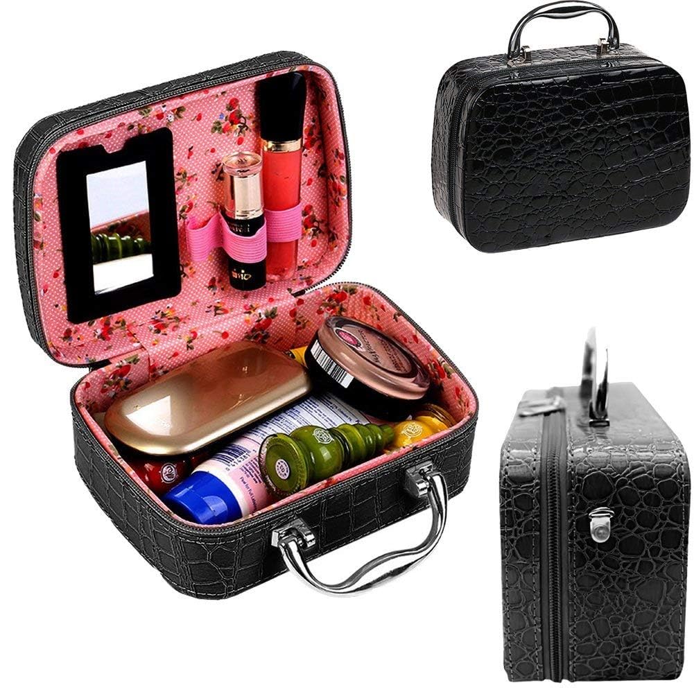 Viulvuk Latest Stylish Cosmetic Bag for Women | Toiletry Storage Pouch & Jewellery Organizer of PU Leather | Makeup Case with Compact Magnifying Mirror for Travel (20x14x8 cm, Black) 3