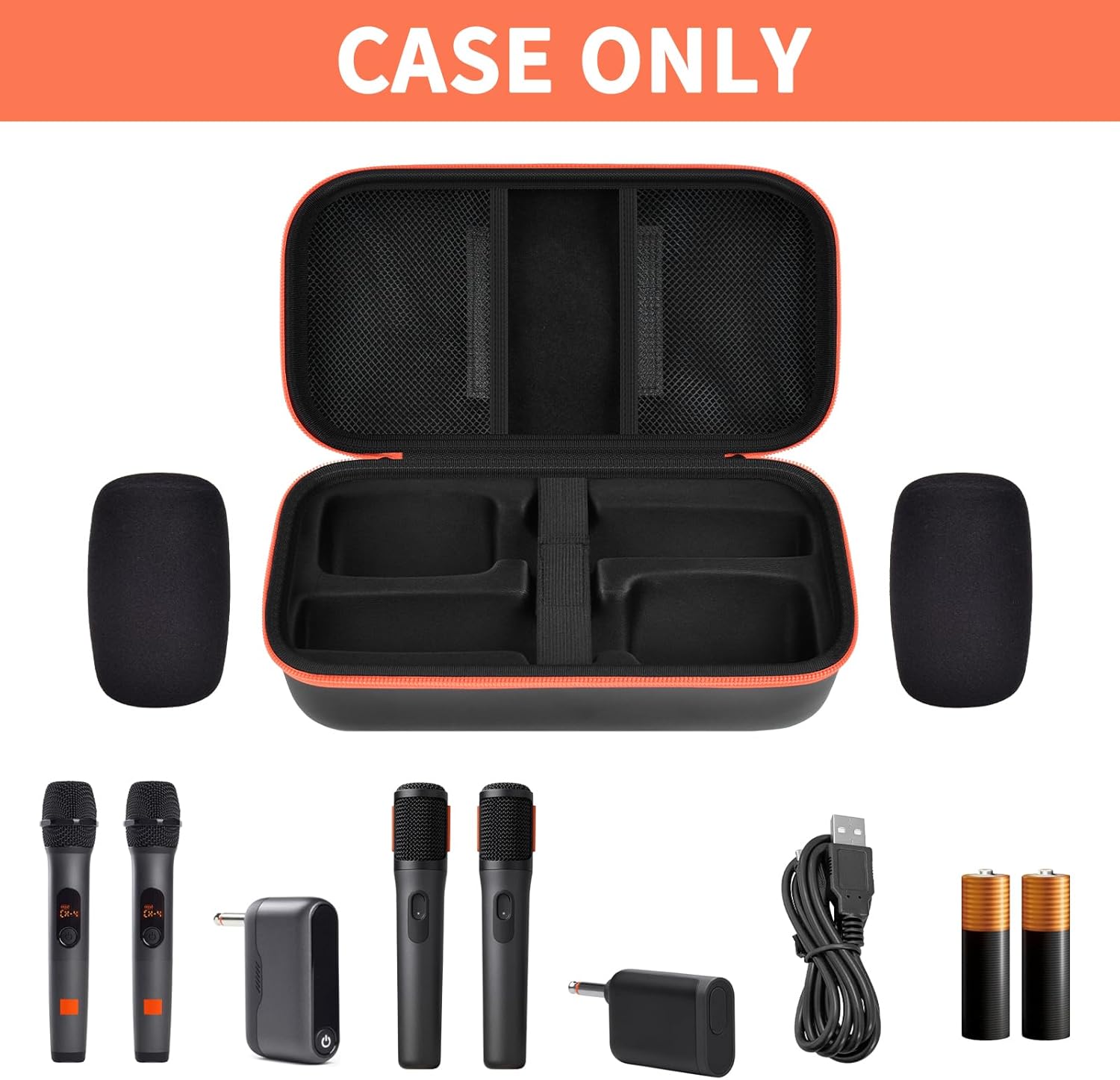 Wireless Microphone Case for JBL PartyBox & Two Mic System, Shockproof Karaoke Microphones Travel Storage Box with Mic Foam Cover, Holds 2 Mics, Receivers, Adapters, AA Batteries, Charger – Black - Image 2