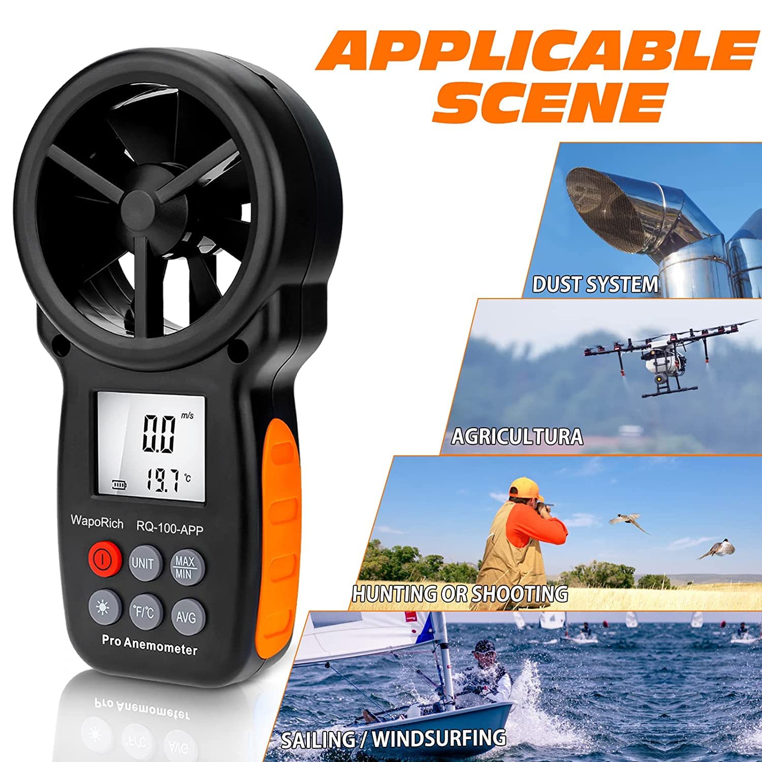 Anémomètre Bluetooth Portable, WapoRich RQ-100APP Anemometer Numérique avec Application MAX/MIN/AVG pour Frisson du Vent, Vitesse de l'Air, Température pour Tir, Surf et Activités Extérieures