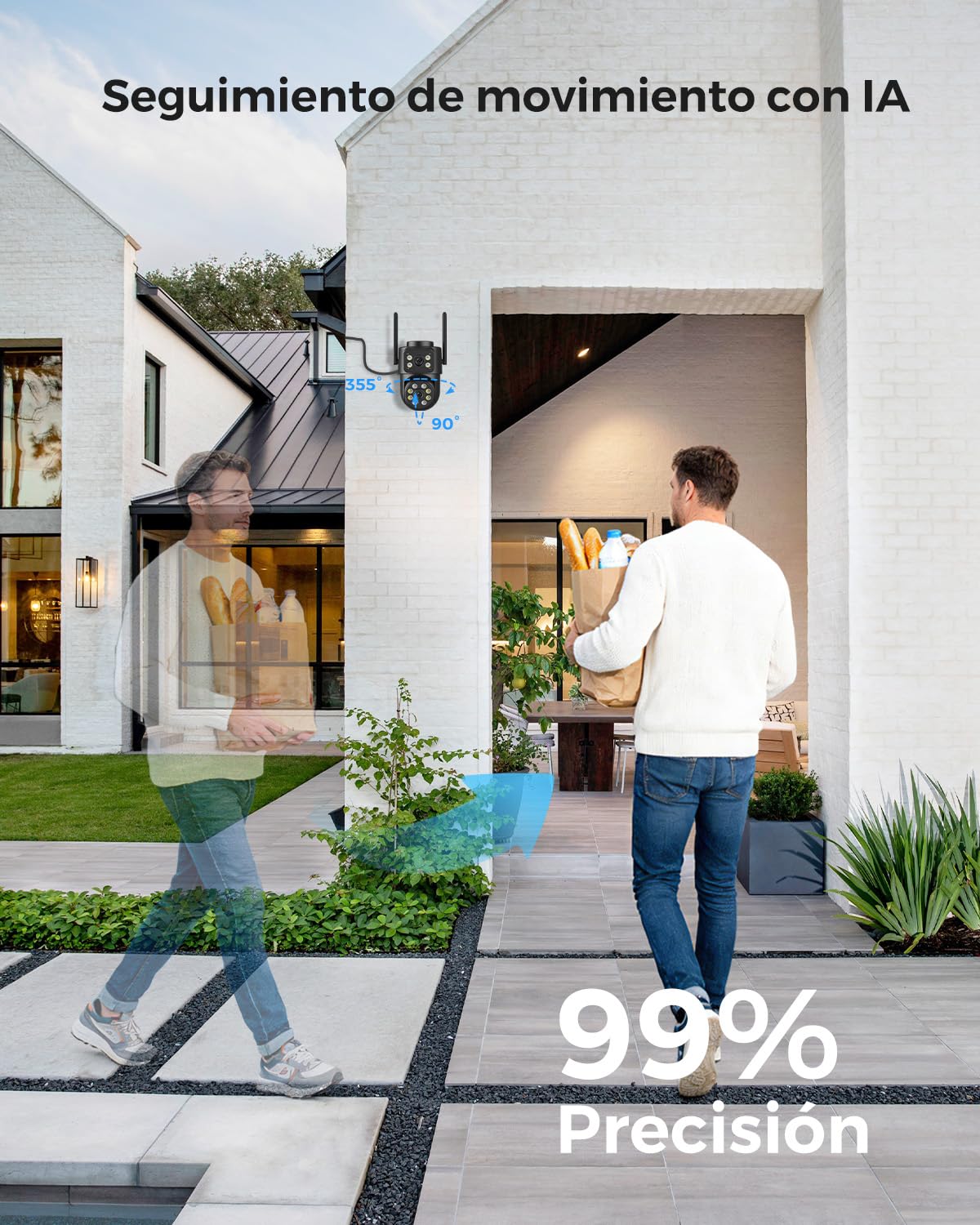 Reobiux 2K Camara Vigilancia WiFi Exterior con Doble Lente, 2,4G/5Ghz Cámaras Vigilancia Domicilio con Visión Nocturna Color, Seguimiento Automático, Audio Bidireccional, Grabación Continua 24/7