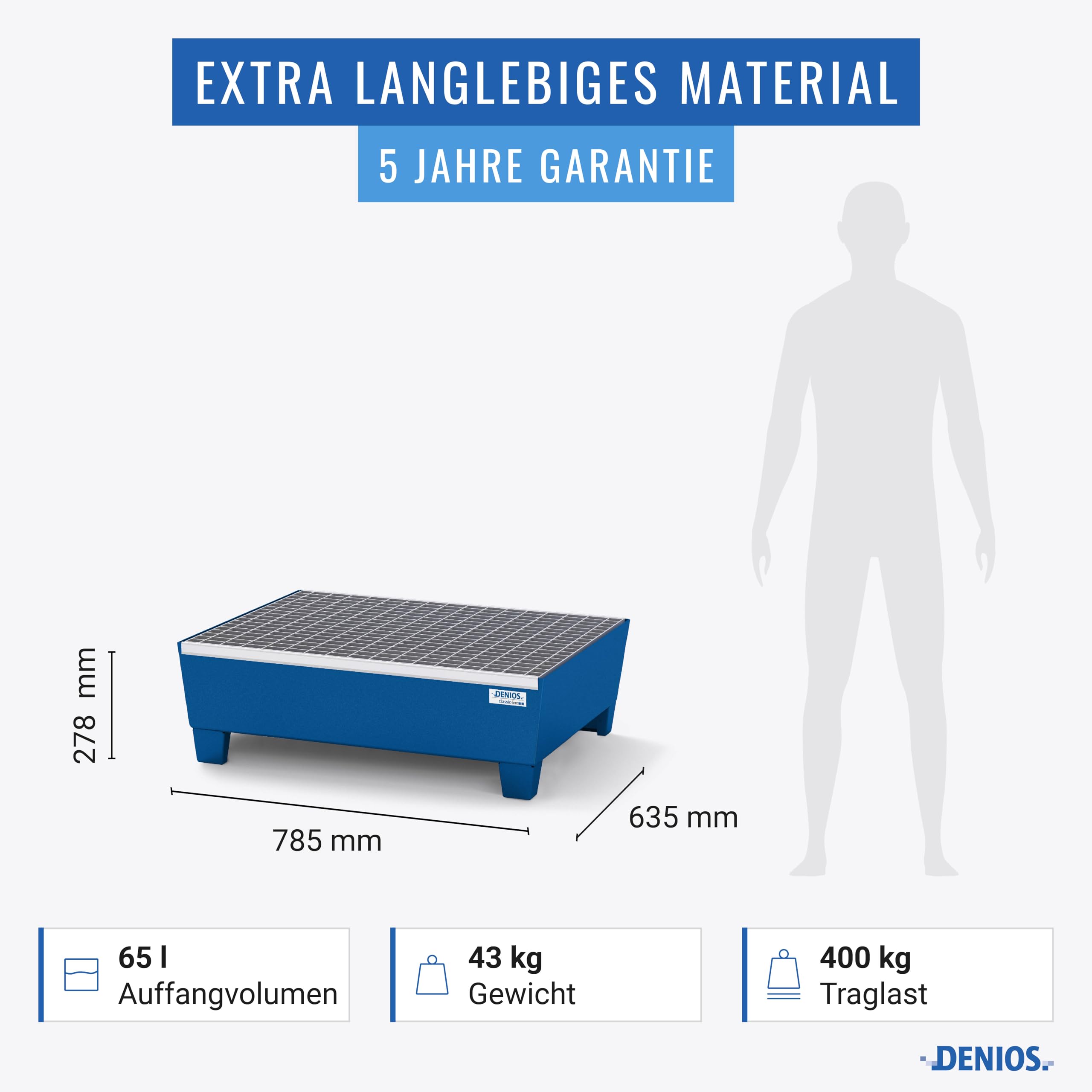 DENIOS Auffangwanne aus Stahl | mit Gitterrost und Stellfüßen | blau | BxHxT 635 x 278 x 785 mm | Volumen 65 Liter | 2 Fässer | Arbeitssicherheit Notfall-Umweltschutz-Produkte säurefest