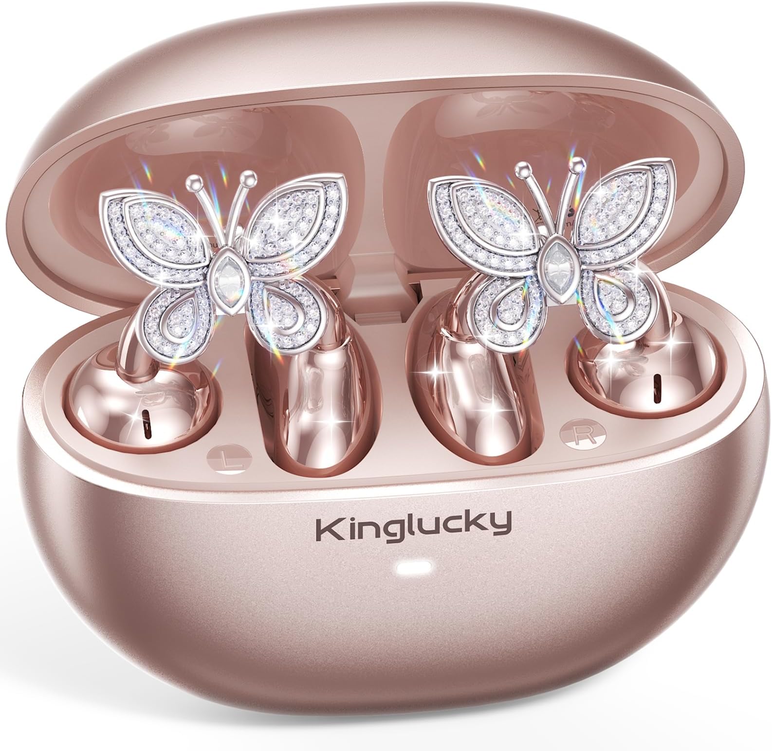 Kinglucky Clip-On Open Ear Earbuds with Detachable Butterfly Earrings, Bluetooth 6.0 Wireless Headphones for Women, 50H Playtime, Comfortable Fit for Small Ears, Sports, Glasses Wearers, Rose Gold