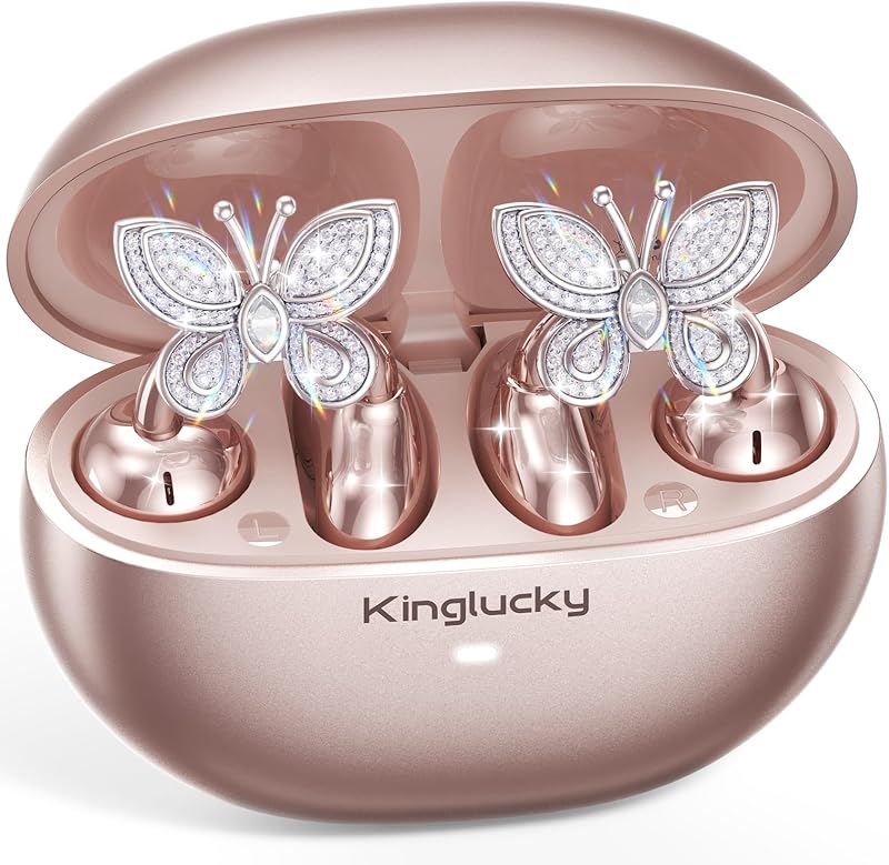 Clip-On Open Ear Earbuds with Detachable Butterfly Earrings, Bluetooth 6.0 Wireless Headphones for Women, 40H Playtime, Comfortable Fit for Small Ears, Sports, Glasses Wearers, Rose Gold