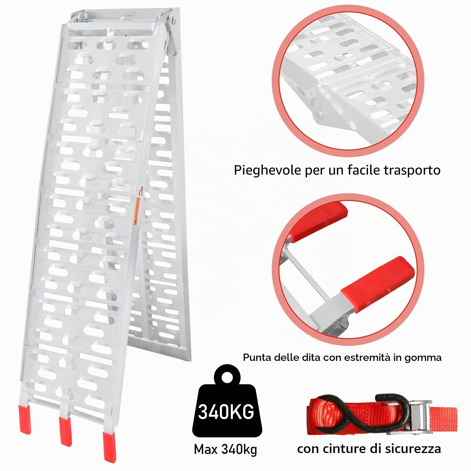 Daromigo Rampa di carico pieghevole, 1 pezzo, in alluminio, antiscivolo, per moto, rimorchi, tosaerba, 226 x 30,5 x 5,5 cm, max 340 kg