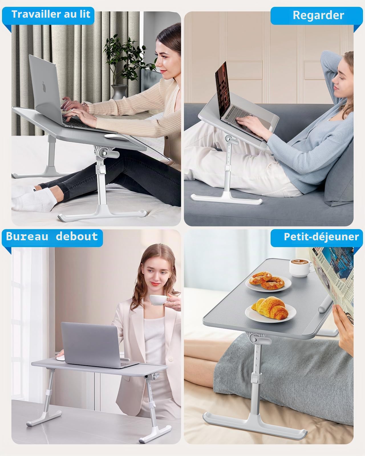 SAIJI Table de Lit Pliable Réglable Hauteur Angle Max 17'' Ordinateur Portable Gris 60x33cm