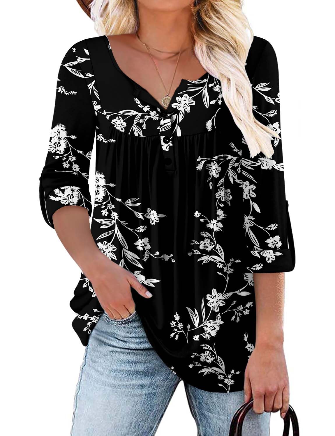 KISSMODA Ladies Pleated Tunic Tops for Women Buttons up Long Sleeve Shirts Floral Print — view 13