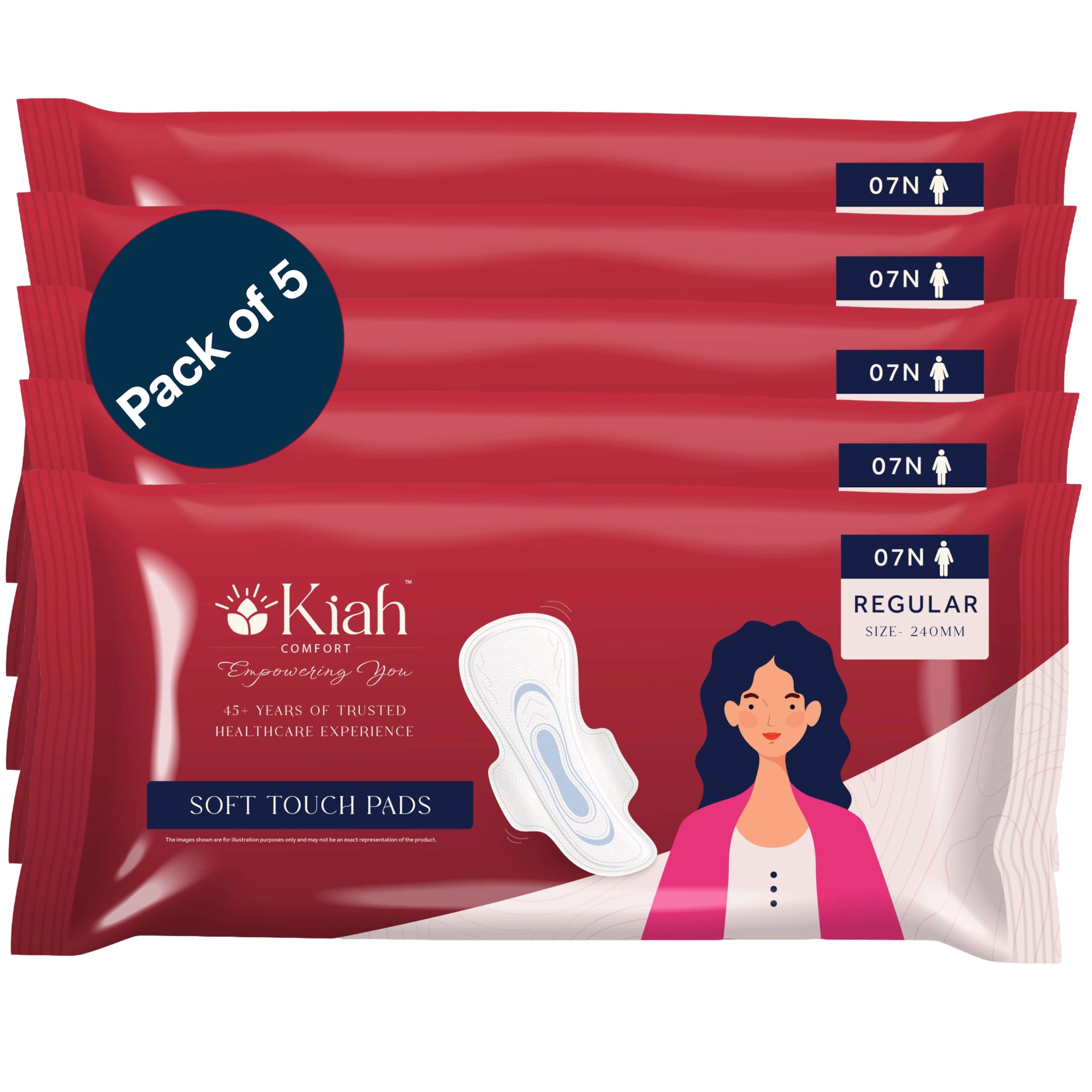 Kiah Comfort Soft Touch Sanitary Pads for Women – 240mm Regular Size | Rash-Free, Leak-Proof, Quick Absorption, Anti-Bacterial, Skin-Friendly | Heavy Flow Protection | Pack of 5 (Each Pack 7 Pads)-image-39