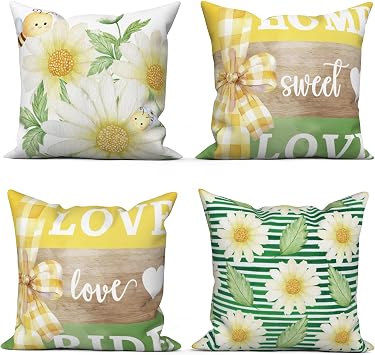 Summer Daisy Throw Pillow Covers, 18x18 Inch Set of 4 Pillows Case Farmhouse Throw Pillow Covers Home Summer Yellow Outdoor Decor Cushion Case Decoration for Home Couch Chair Sofa