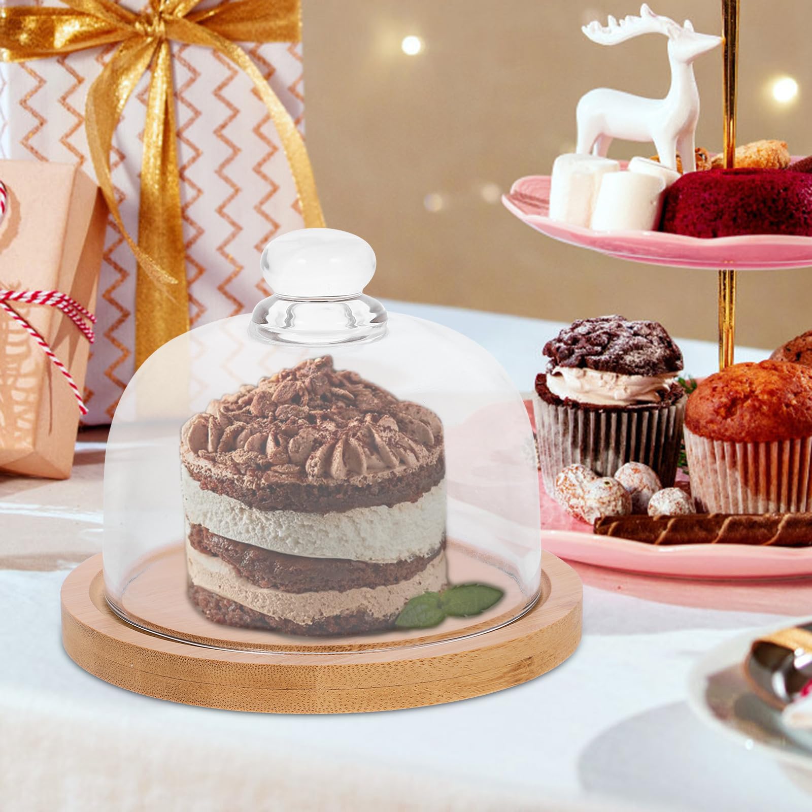 MAGICLULU Plateau à Gâteau Cloche en Verre et Support en Bois Ensemble de Mini Présentoirs pour Fruits, Desserts et , Adapté aux Occasions Spéciales