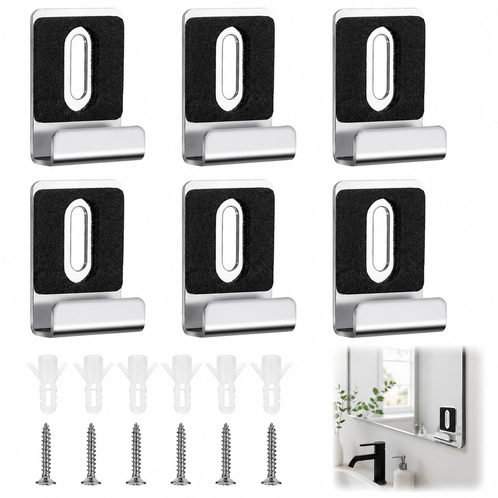 LKTFATD 6Pcs 304 Stainless Steel Mirror Clips, Large Shiny Mirror Mounting Clips with Rubber Pads for Wall Mirrors & Glass