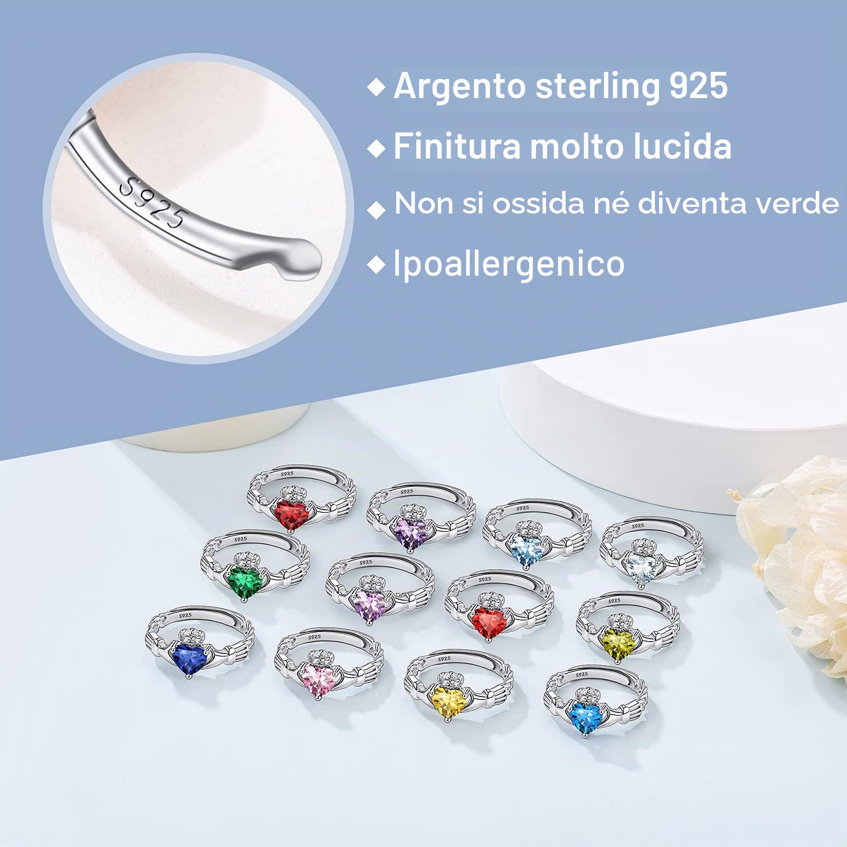 Suplight Anello Donna in Argento Sterling 925 Anello Claddagh Regolabile Anello Argento 925 Donna Anello Solitario con Pietre di Nascita 12 Mesi con Confezione Regalo