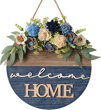 Spring/Summer Welcome Sign for Front Door 16 Inch Round Wood Sign with Rice-Paper Plant Flowers Hanging for Farmhouse Porch Door Decoration Blue
