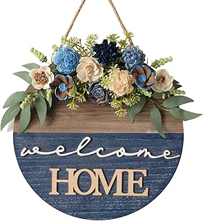 Spring/Summer Welcome Sign for Front Door 16 Inch Round Wood Sign with Rice-Paper Plant Flowers Hanging for Farmhouse Porch Door Decoration (Blue)