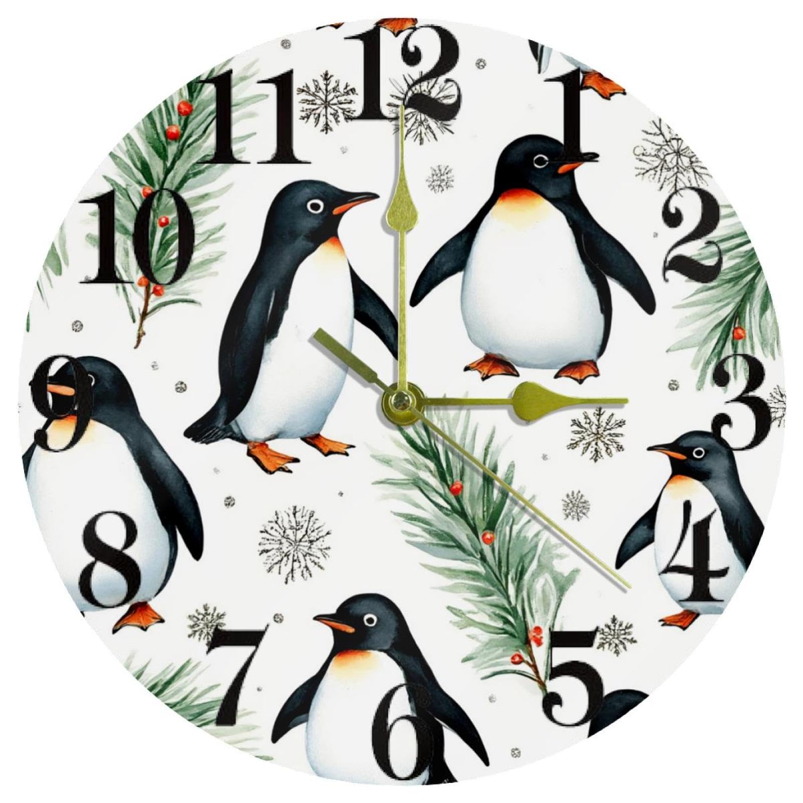 Horloge murale de Noël à pile avec pingouin silencieux pour cuisine et salon