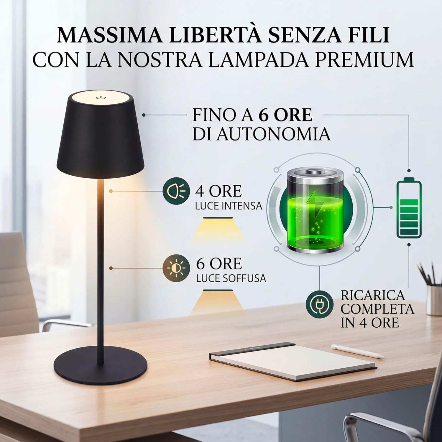 081 Store - 4 PEZZI LAMPADA DA TAVOLO SENZA FILI RICARICABILE, LAMPADA DA TAVOLO LED DIMMERABILE E CON 3 TONALITà DI LUCE, DIMMERABILE 3000-65000K ED IMPERMEABILE IP54 (6)