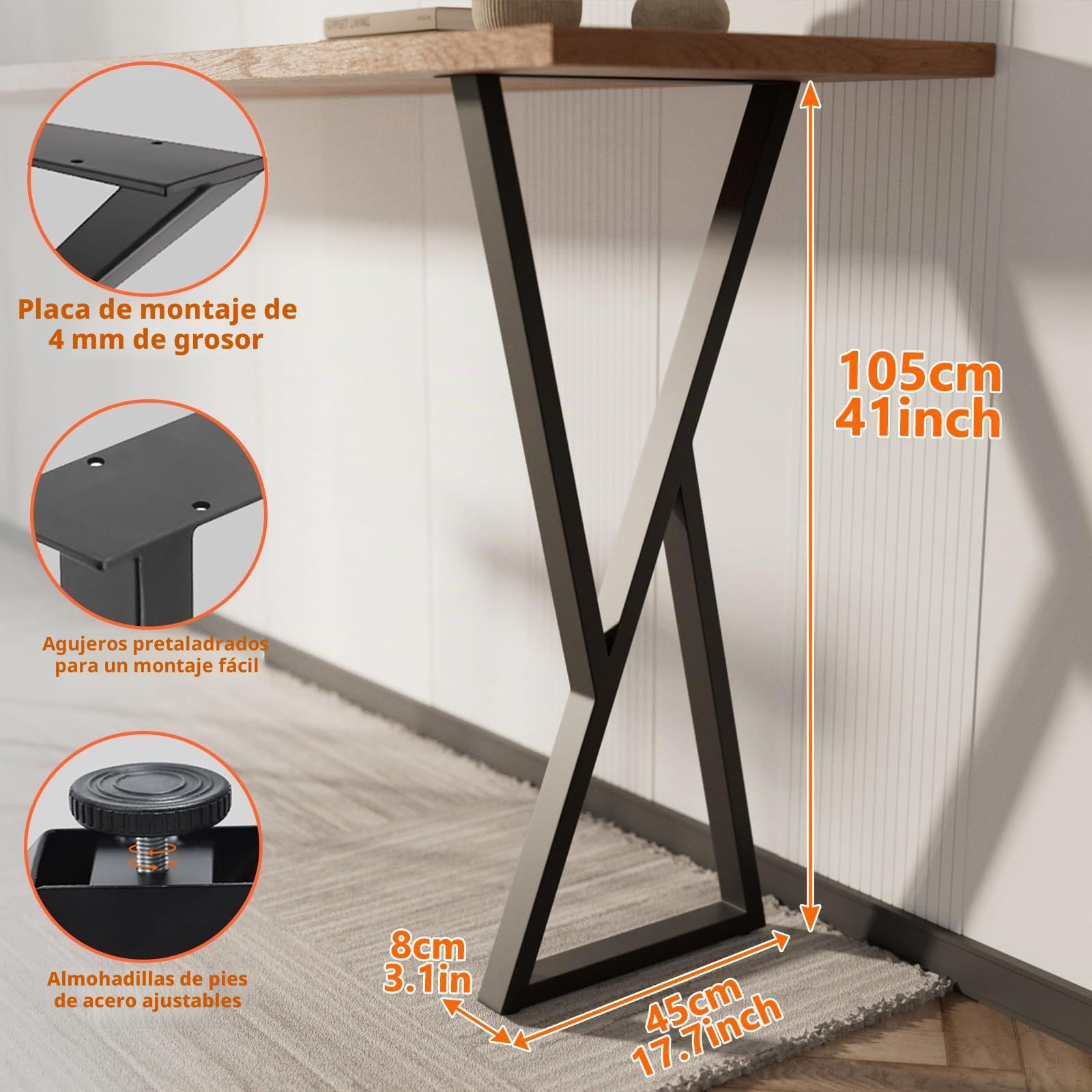 Homtone Patas de mesa de metal, 2 patas de metal industrial, patas de acero al carbono para manualidades, escritorio, mesa de comedor, mesa de centro y proyectos de muebles (H105 x W45 cm, forma en X)