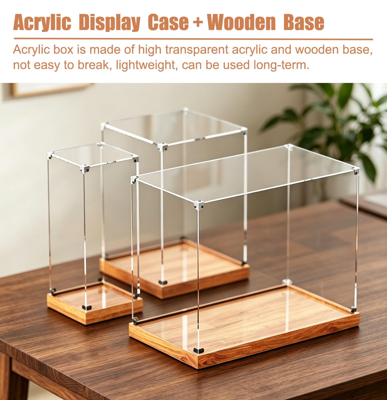 Vitrina de Acrílico Caja Cúbica Acrílica de 80 75 70 65 60 10Cm para Exhibición, Estuche Organizador Cuadrado Extragrande para Figuras, Base de Madera para Diorama o Vitrina(15x15xH15cm/6x6x6in)