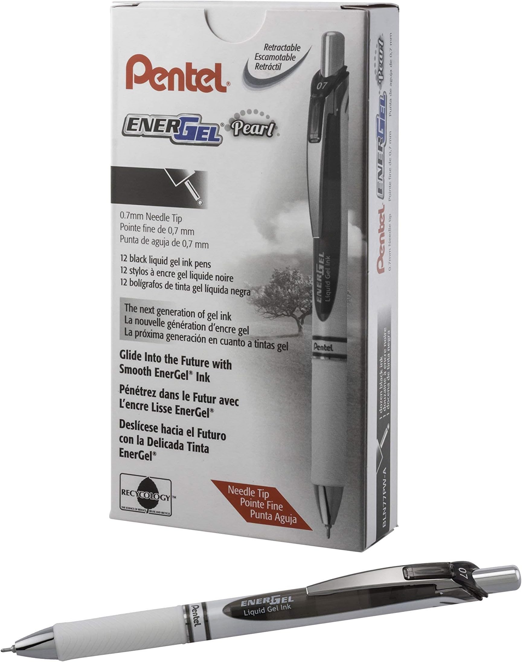 EnerGel Pearl RTX Retractable Liquid Gel Pen, (0.7mm), Medium Line, Needle Tip, Black Ink, 12 pack (BLN77PW-A)