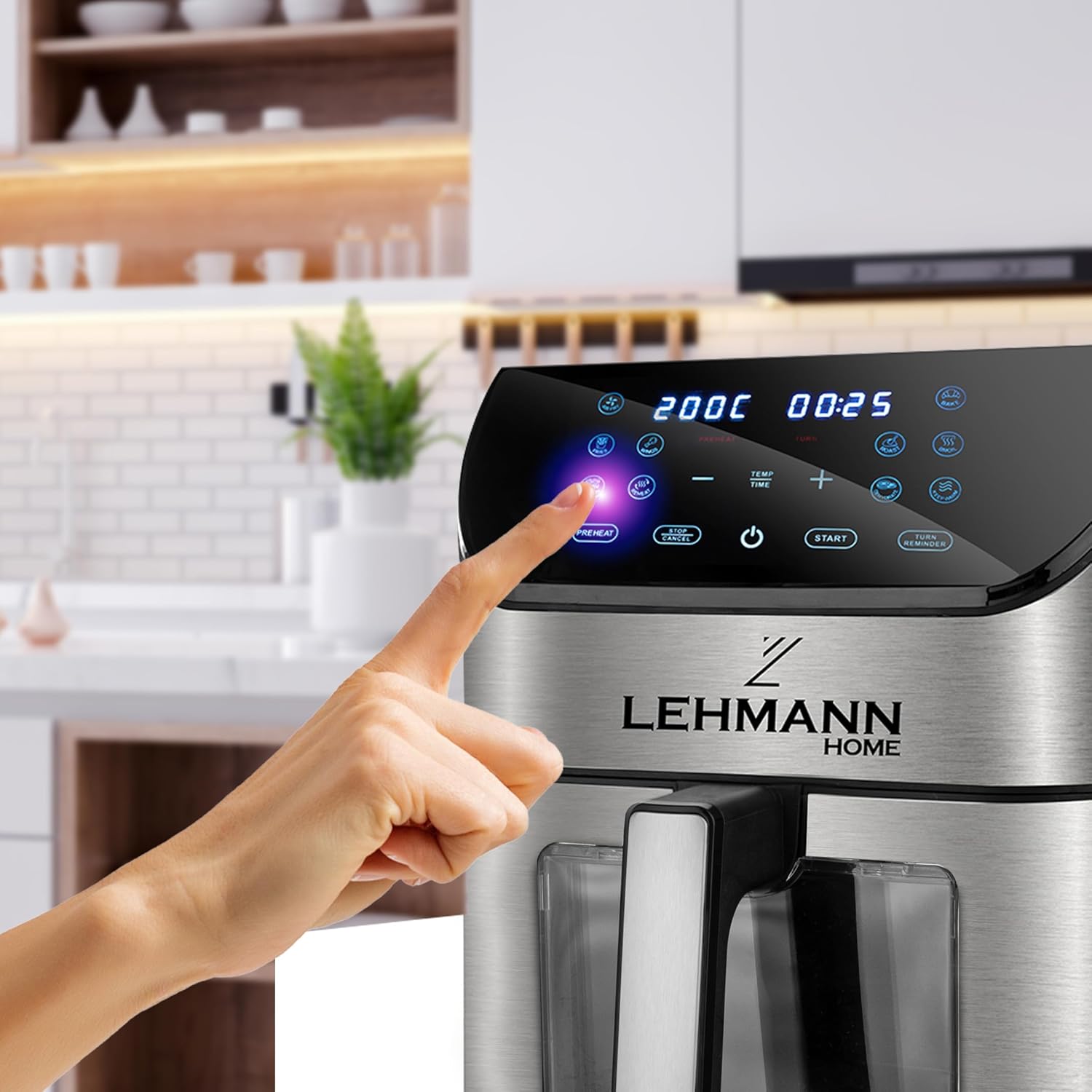 A hand touching the digital LED touchscreen of the LEHMANN Air Fryer.
