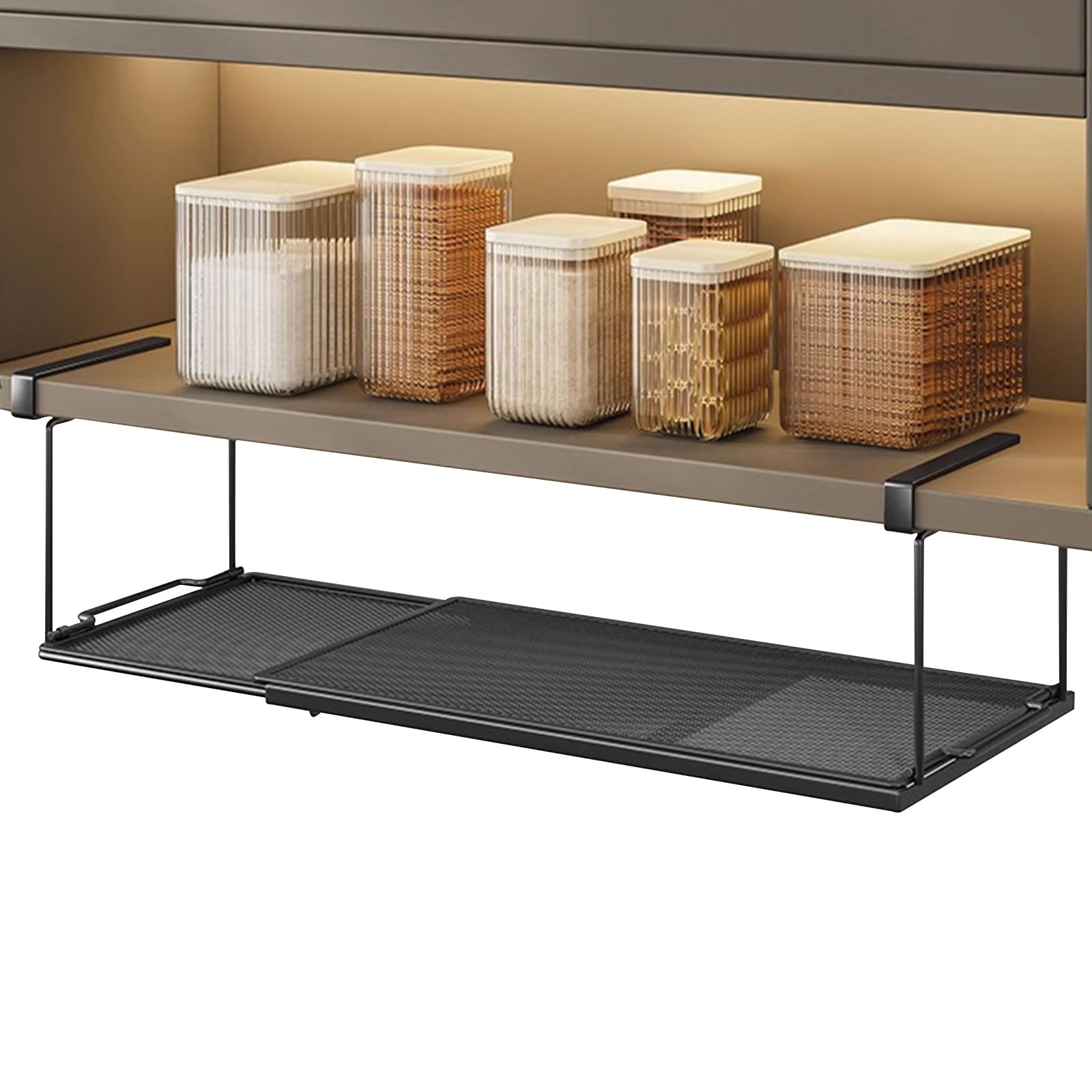 Cesta colgante de metal ajustable de 38 a 70 cm – Cesta extensible para estante inferior de cocina, organizador de estantería, cesta de almacenamiento de metal para cocina, armario, mesa