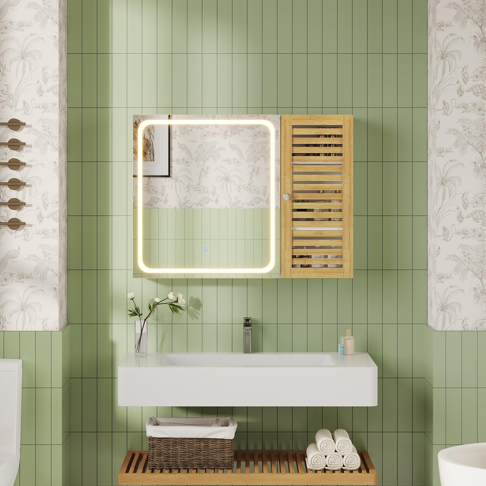 Specchio Bagno con 2 Ante, Specchiera Bagno con Illuminazione LED Dimmabile a 3 Temperature di Colore, Specchio Contenitore Bagno con 4 Ripiani Regolabili, 80×16×60 cm