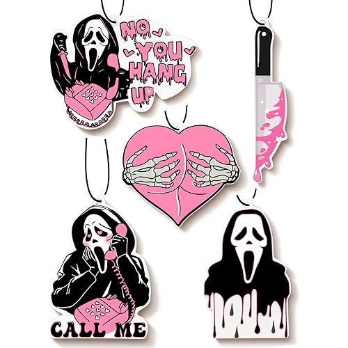 5Pcs Ghost Horror Car Air Fresheners Pink Cute Car Interior Accessories Hanging Scents Anime Freshener Automotive Room Decor for Women Teen Girls Gift
