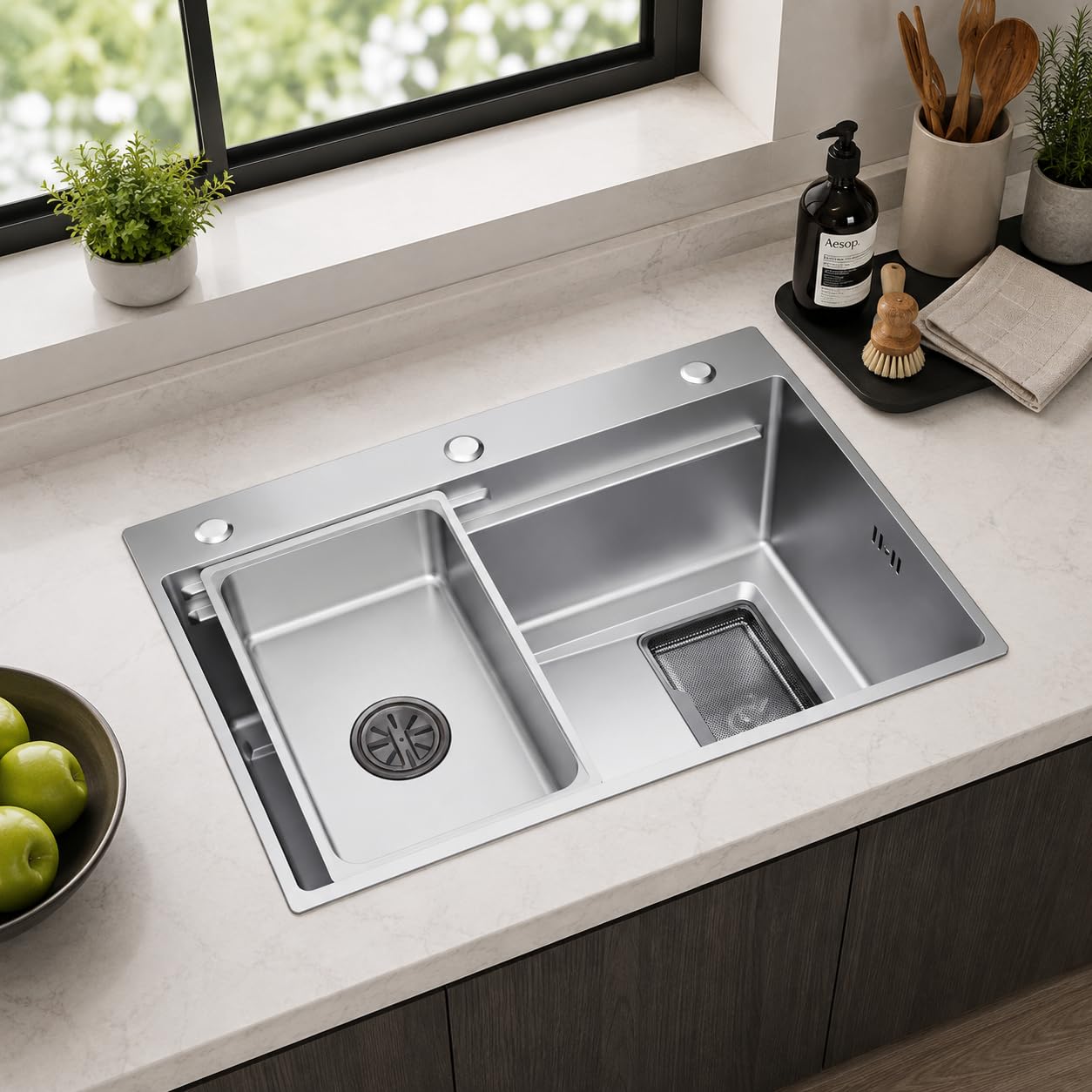 SONNI Spülbecken 70x45cm, 304 Edelstahl Spüle, 3 Vorgebohrte Löcher, Silber