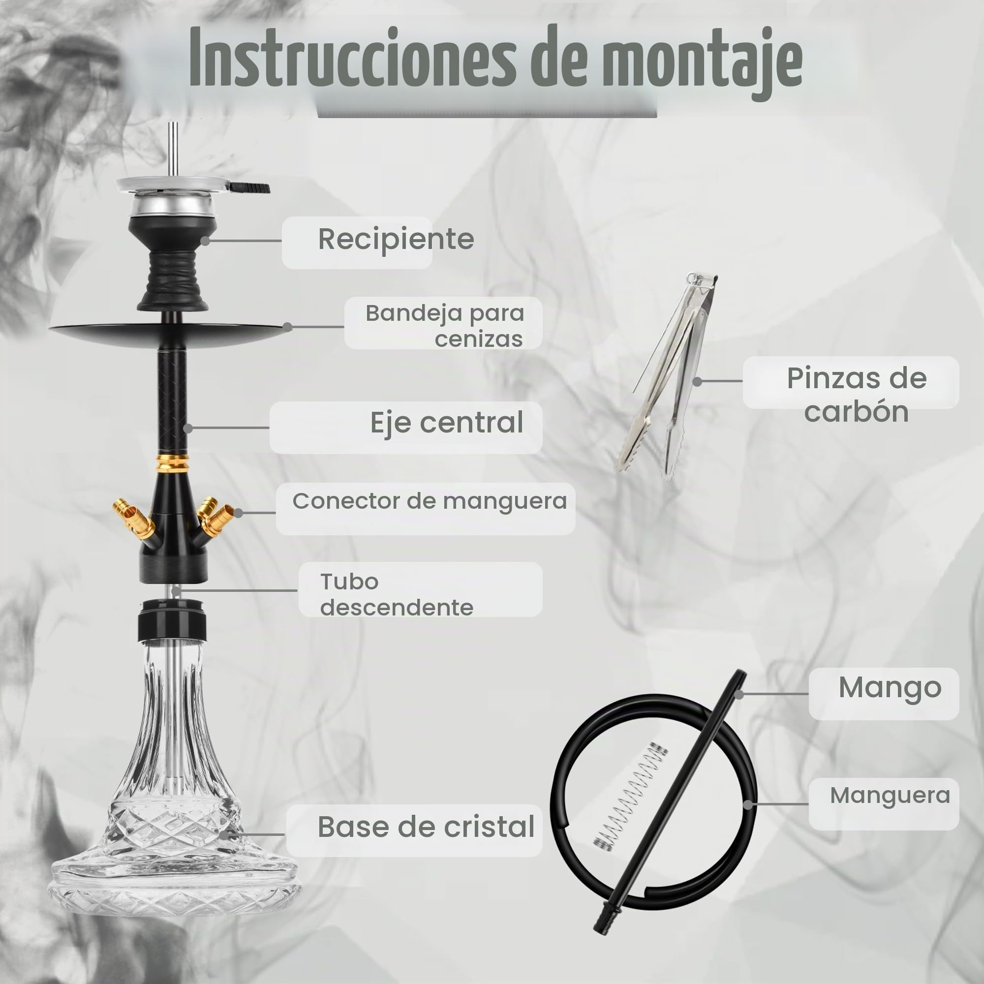 Cachimba Chisha 2 Mangueras Set - Completo con Accesorios para Cachimba de Acero Inoxidable Columna de Humo para Cachimba (Negro)