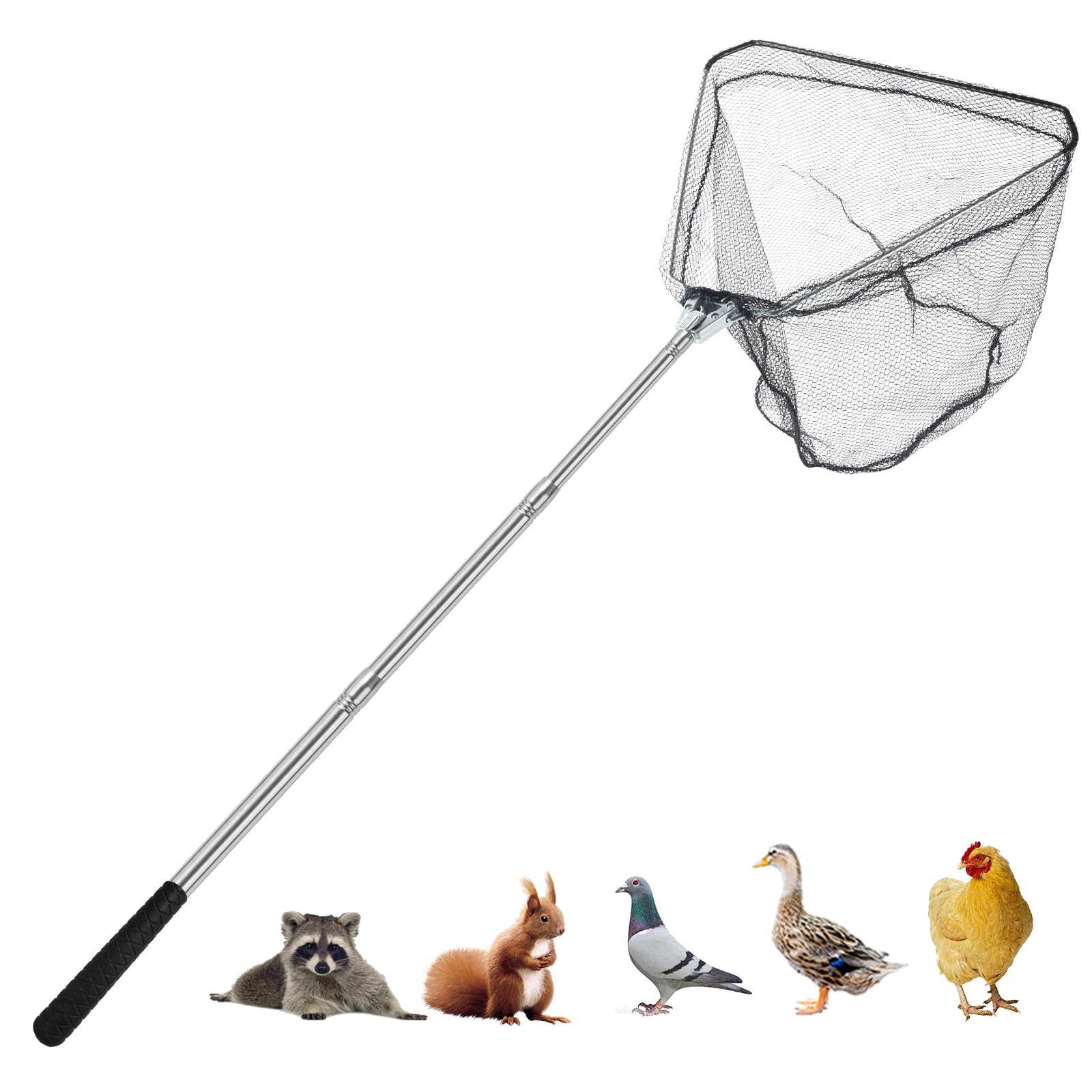 Filet de capture de poulet, filet animal avec poteau extensible en acier inoxydable de 117 cm, filet à poulet pour poulets, canards, oiseaux, chats, chiens, résille, attrape-poulet pour