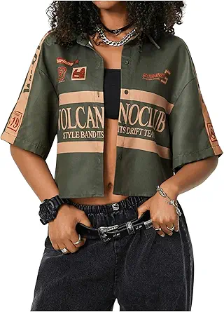 SOLY HUX Women's Summer Button Down Vintage Shirt Short Sleeve Graphic Crop Top