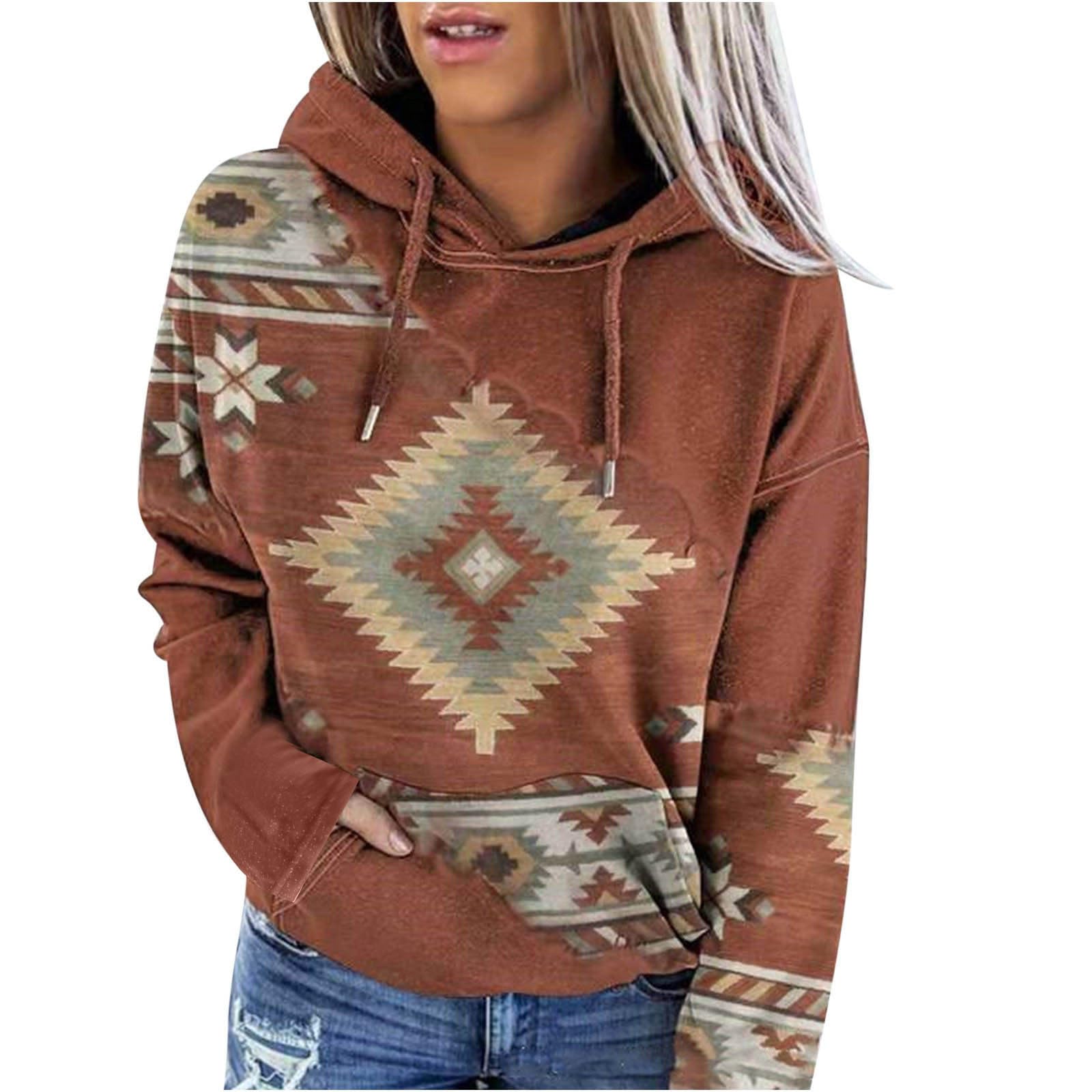 LRMQS Hoodies for Women Vintage Western Ethnic Style Hooded Drawstring Hoodie Pullover Long Sleeve Aztec Outfits Clothes