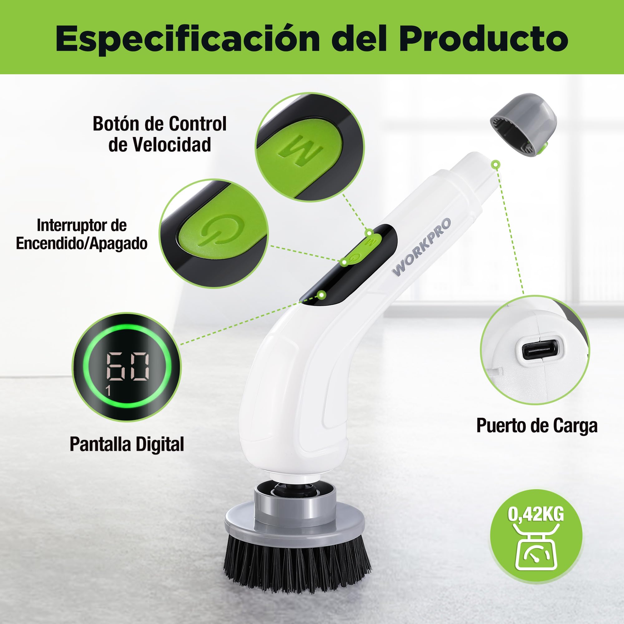 WORKPRO Cepillo Limpieza Eléctrico 8V con 8 Cabezales Mango Telescópico | Mango Ajustable de 30-120cm y Tres Velocidades para Limpiar Suelos, Baños, Cocinas y Zonas de Difícil Acceso