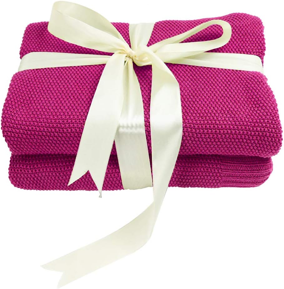 PiccoCasa 100% Cotton Knit Throw Blanket,Solid Lightweight Decorative Throws and Blankets,Soft Knitted Throw Blanket for Sofa Couch, Fuchsia 50" x 60" - Image 8
