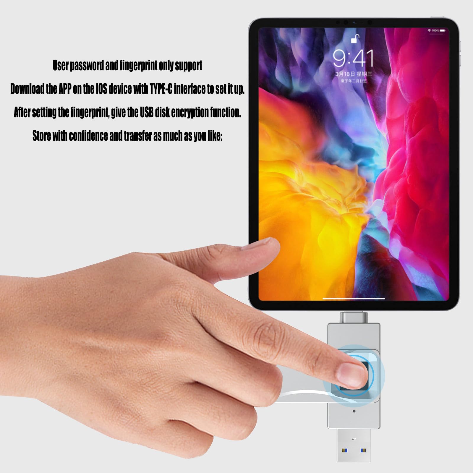 Cover protettiva girevole a 360°, chiavetta USB con crittografia impronta digitale, doppio utilizzo per cellulare/computer,512GB