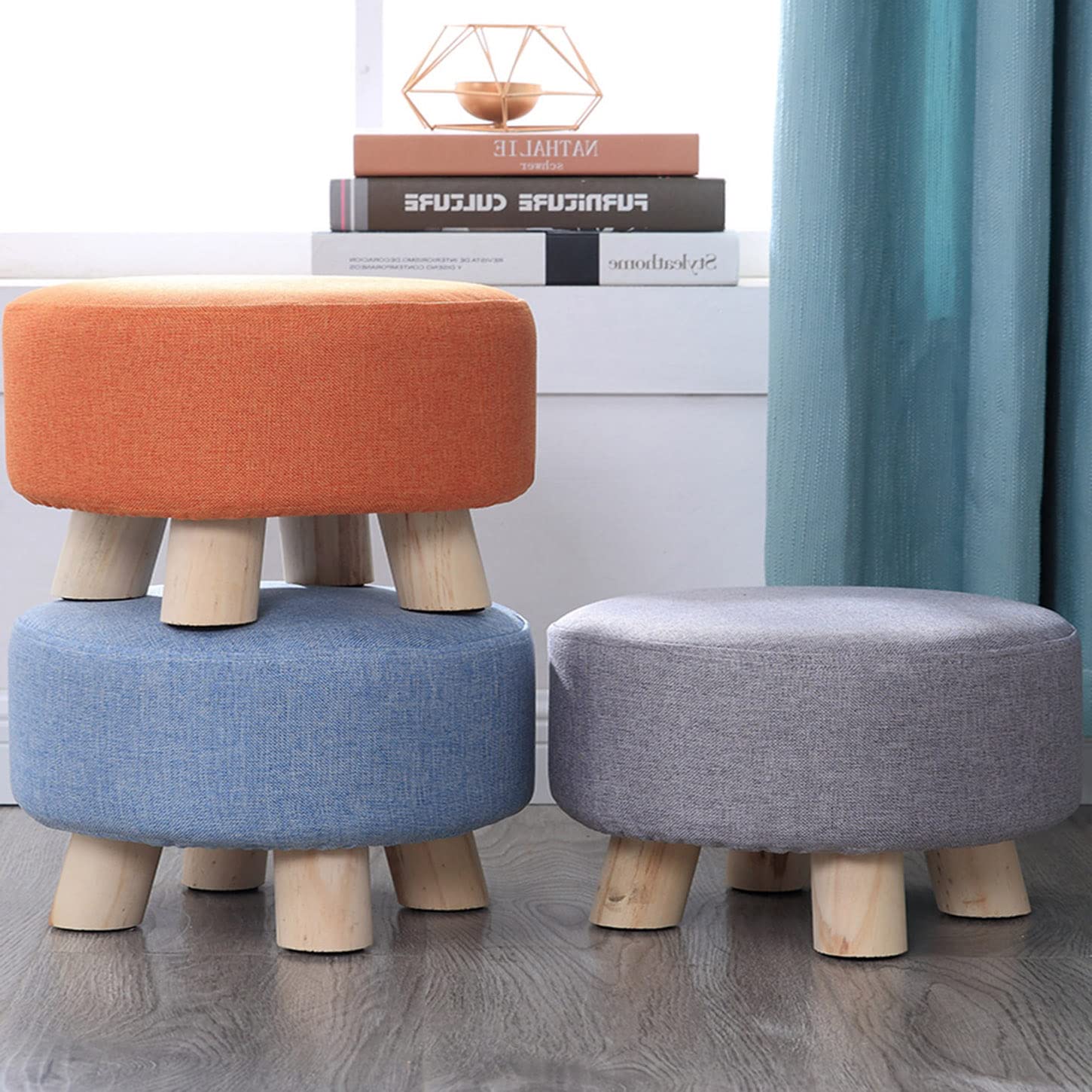 Fußhocker, rund, Ottoman, aus massivem Holz, 4 Beine, kleiner Stuhl, Hocker, Wechselschuhe, Fußstütze, Tritthocker, Schwammgepolstert, kleine Hocker (28 x 20 cm, blau)