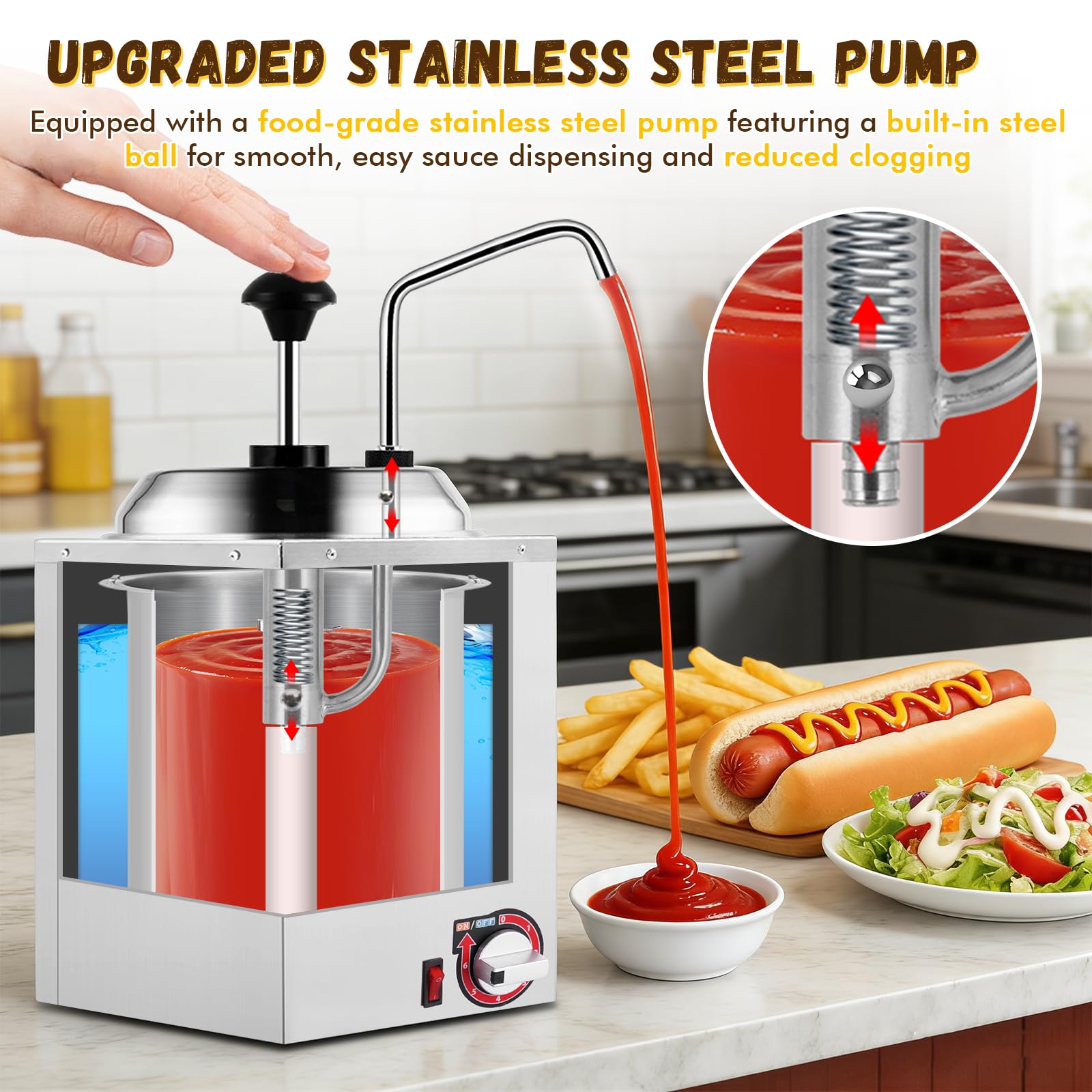 YJINGRUI Elektrischer Saucenspender, 2.5L/600W, 304 Edelstahl, 6 Temperaturstufen (30-85°C), 2 Bürsten, Commercial saucenwärmer mit spender für Ketchup, heiße Schokolade, Karamell