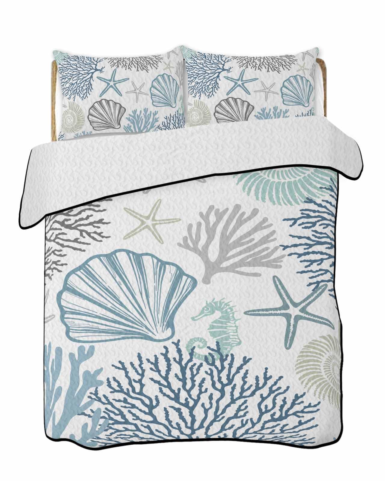 3-Piece Summer Quilt King Size, Blue Ocean Lightweight Cooling Bedding Comforter Blanket with 2 Pillow Shams, Coastal Coral Starfish Shell Conch Seahorse Bedspreads Quilted Coverlet Sets 96