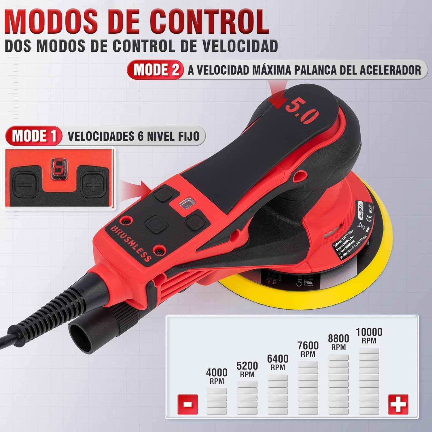 Autolock Lijadora Excentrica disco de 125/150 mm,350W Lijadora Orbital Electrica,7 Velocidades hasta 10,000 RPM,Para trabajar y pulir la madera (1pcs)