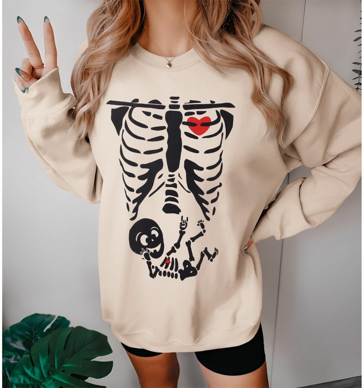 SOFEON Women Halloween Sweatshirt X-Ray Skeleton Maternity Sweatshirt Funny Pregnancy Announcement Crewneck Pullover Tops - Image 2