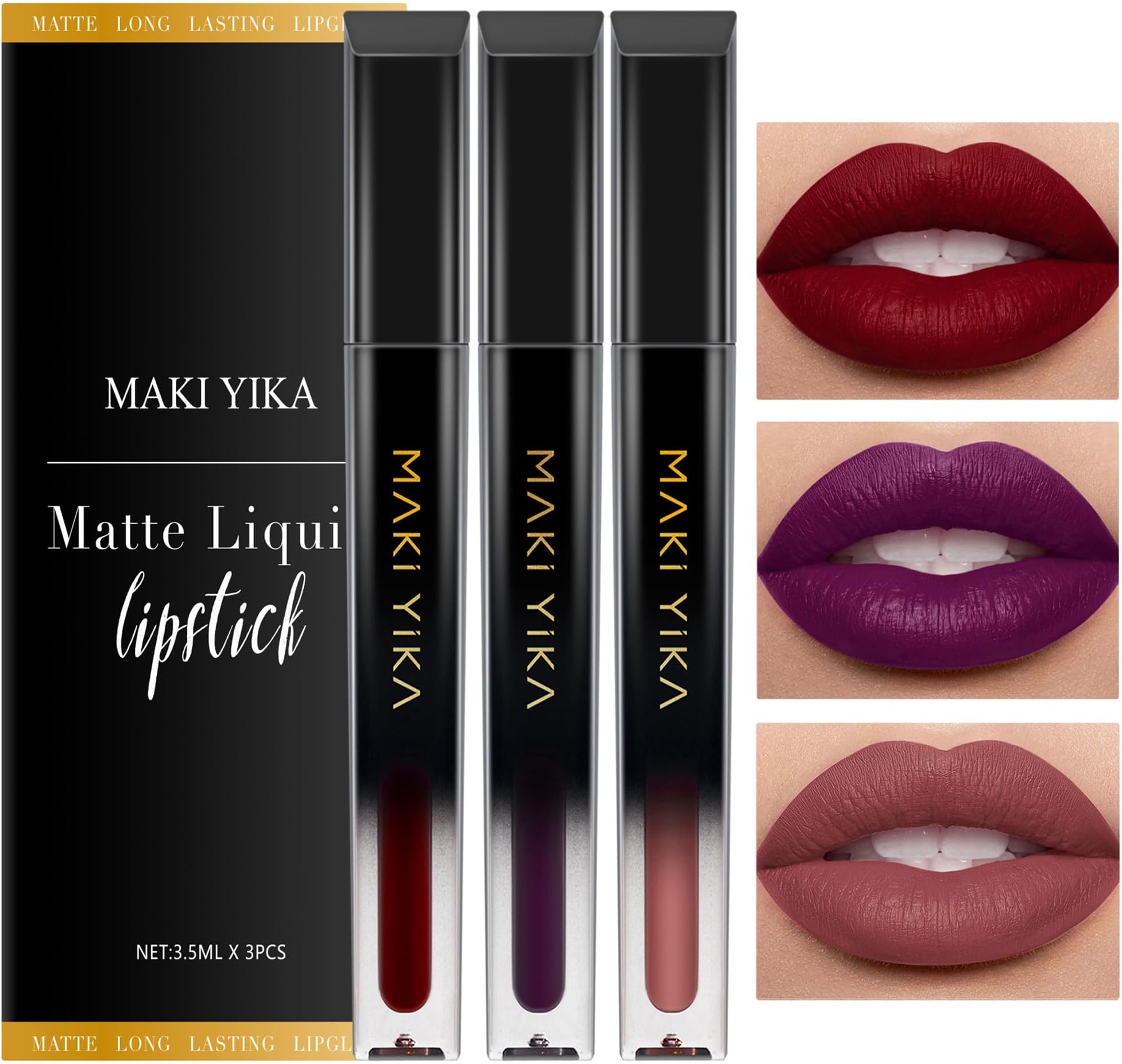 3Pcs Matte Liquid Lipstick Makeup Set, Dark Red Purple Nude Lipstick Long Lasting Smudge Proof Transfer Proof Lip Makeup
