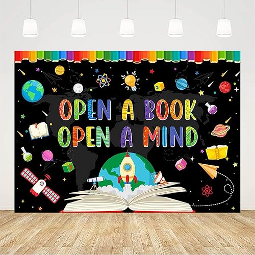 Miniatura 2 de AIBIIN Telón de fondo para fotografía del Día Mundial del Libro de 7 x 5 pies para fotografía Abrir un libro Abrir una mente Niños Estudiantes Aula