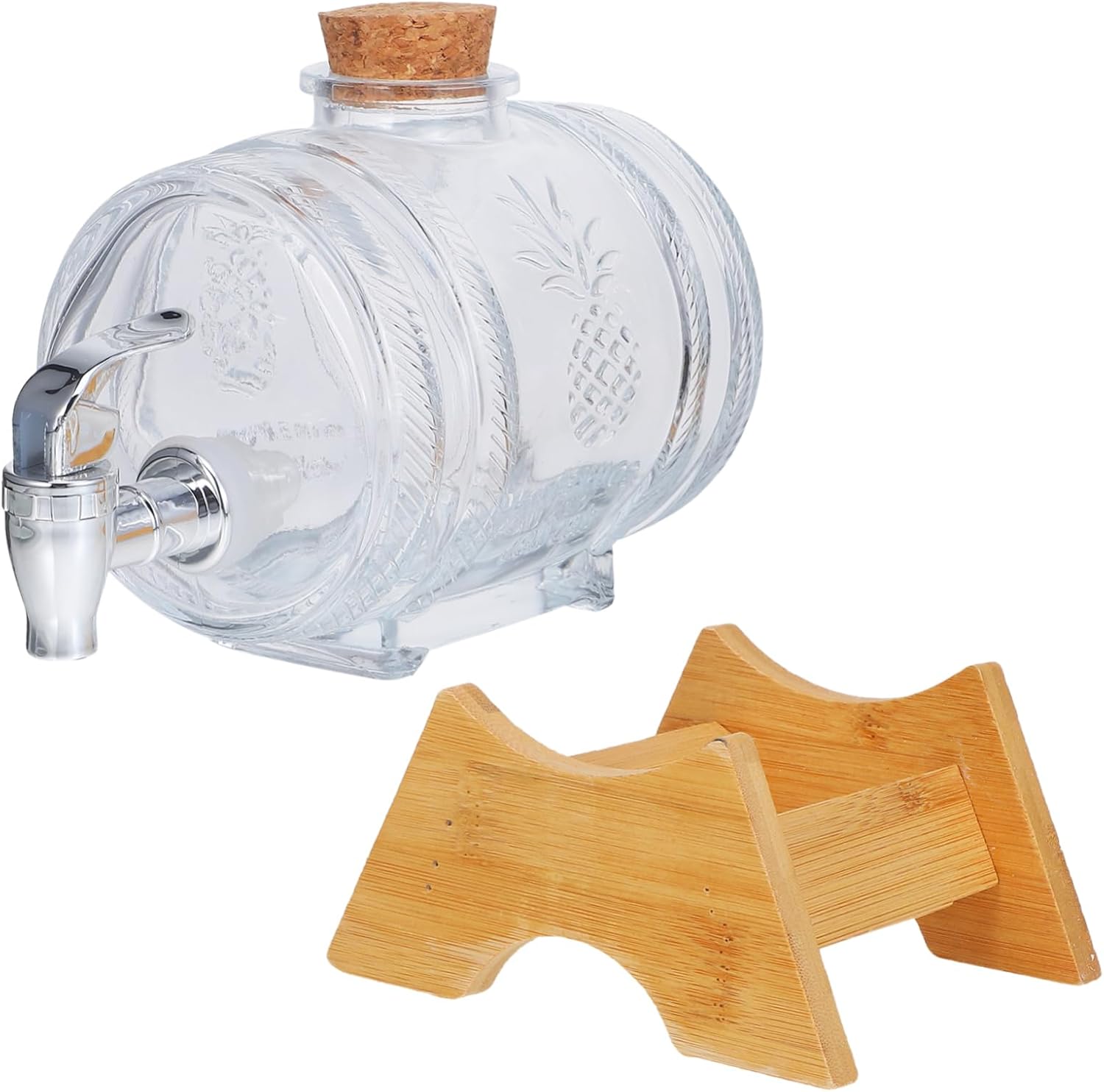 1Set Glass Wine Barrel Dispenser with Bamboo Stand and Faucet for Whiskey Brandy Vodka and Rum Serving at Parties and Weddings